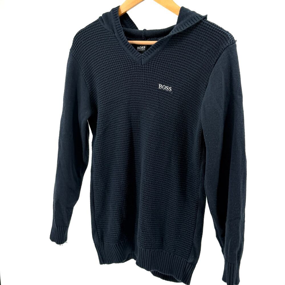 Hugo Boss Navy Blue 100% Cotton Textured Knit Hooded V-Neck Sweater